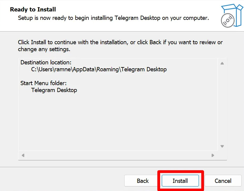 دکمه Install برای شروع نصب تلگرام دسکتاپ