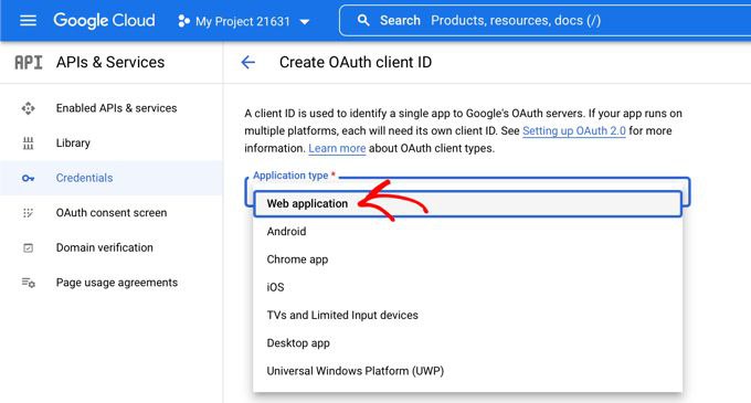 انتخاب نوع برنامه Web application