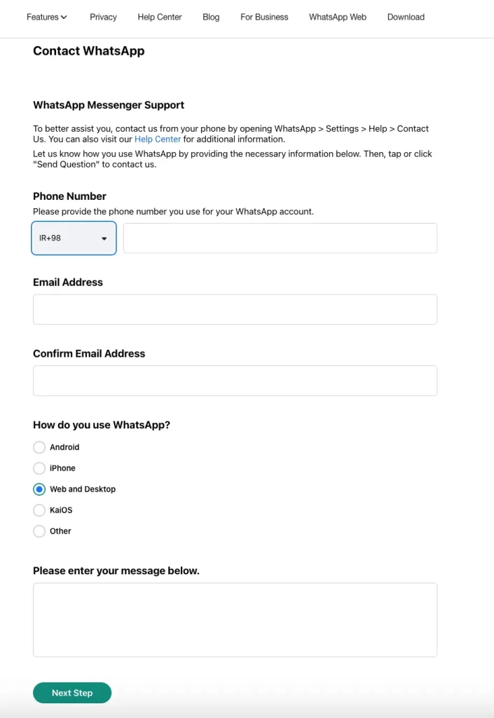صفحه پشتیبانی واتساپ