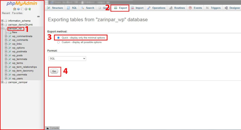 export tables from phpmyadmin-بکاپ کامل از سایت وردپرس