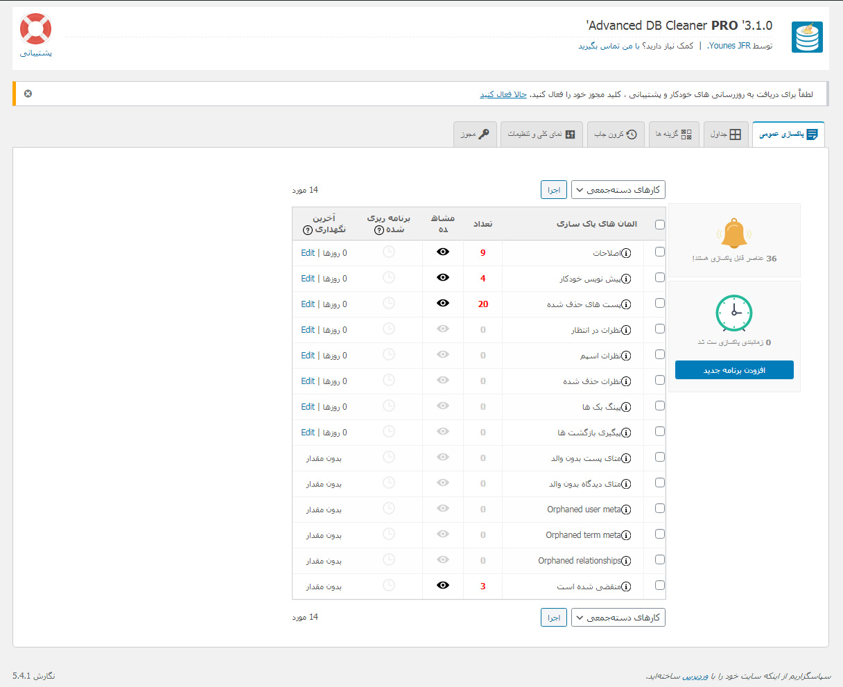 Database Cleaner setting- پاک سازی پایگاه داده در وردپرس