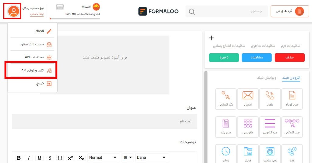 Formaloo API Key-ساخت انواع فرم در وردپرس