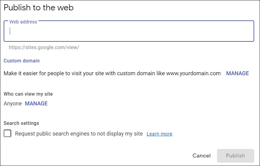 انتشار سایت یا Publish در Google site برای ساخت سایت در گوگل