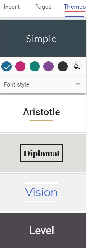 سربرگ Themes در Google site برای ساخت سایت در گوگل