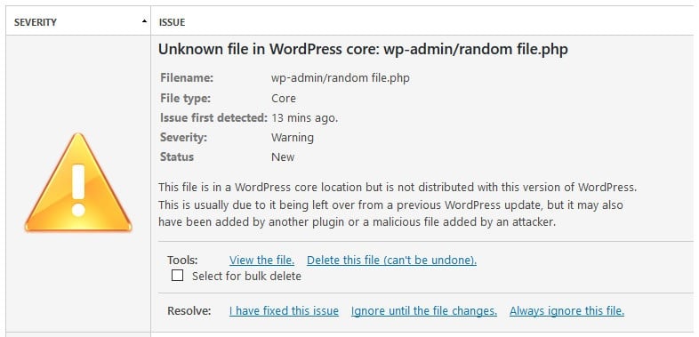 wordfence result- نتایج بدست آمده از اسکن