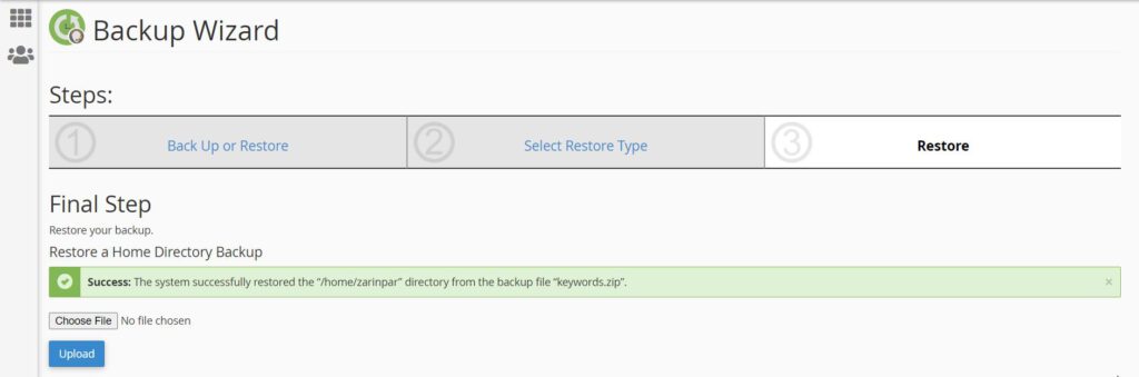 cPanel -upload restore file in Backup Wizard