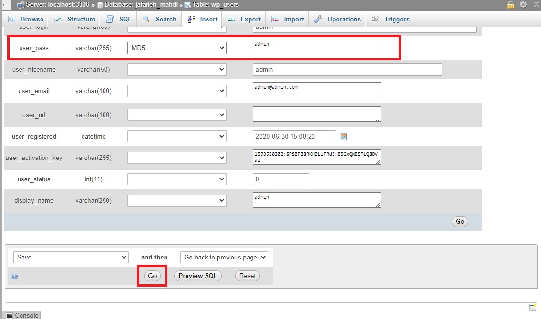 change pasword in db