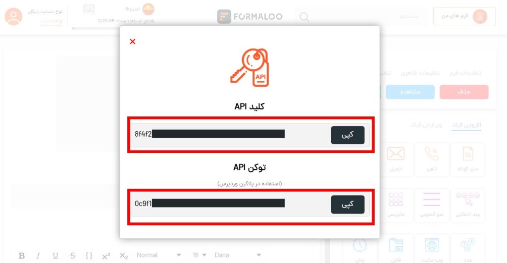 copy API and token key-ساخت انواع فرم در وردپرس
