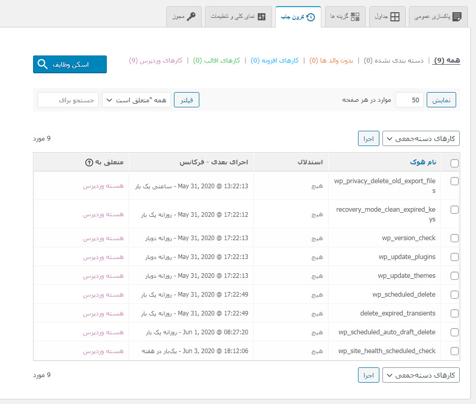 تب "کرون‌جاب" در افزونه database cleaning