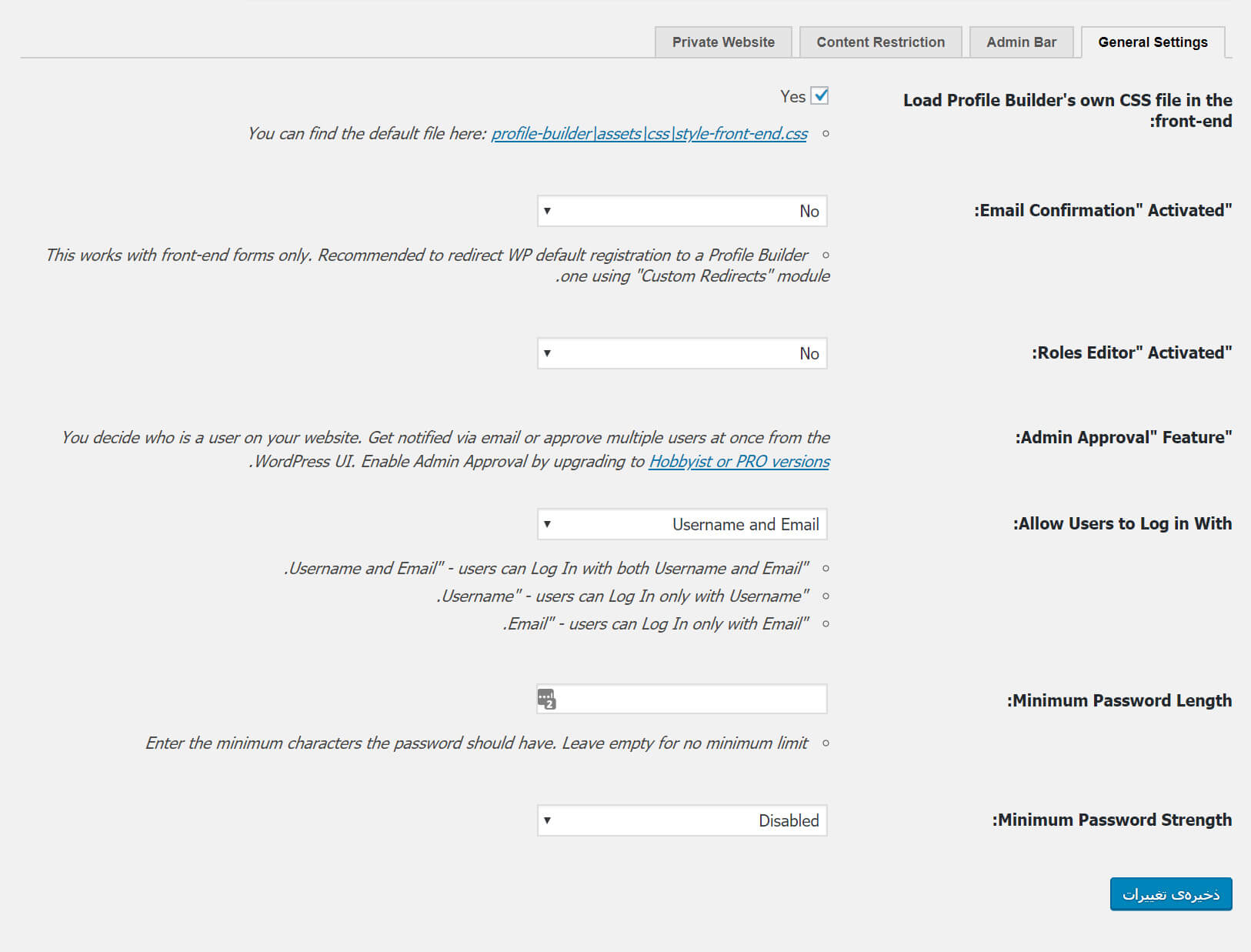 بخش ویژگی‌های اضافی افزونه Profile Builder