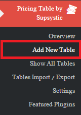 add new table-جدول قیمت گذاری در وردپرس