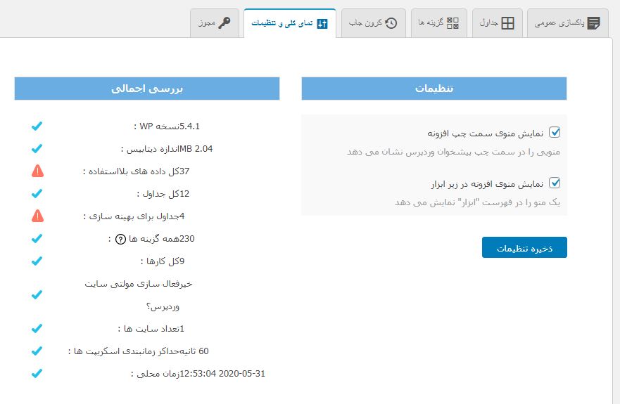 تب نمای کلی و تنظیمات در افزونه database cleaning