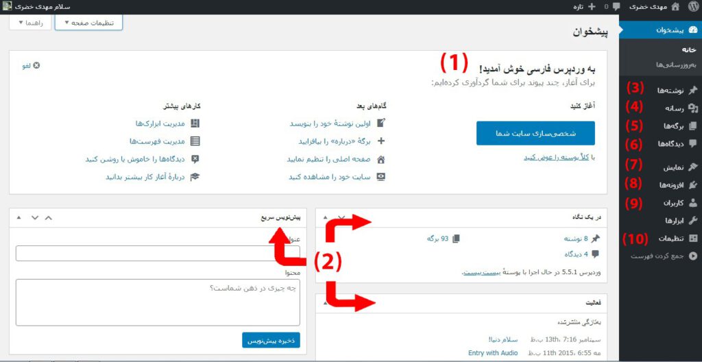 wordpress dashboard-ساخت سایت با وردپرس